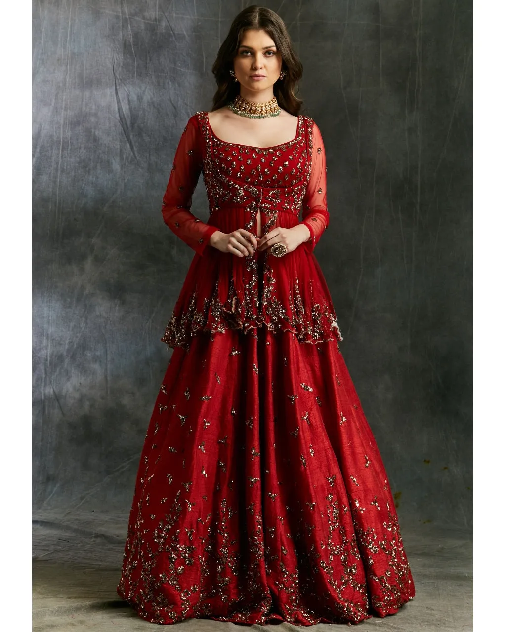 Antique Gold Sequins Raw Silk Lehenga With Peplum Work Blouse