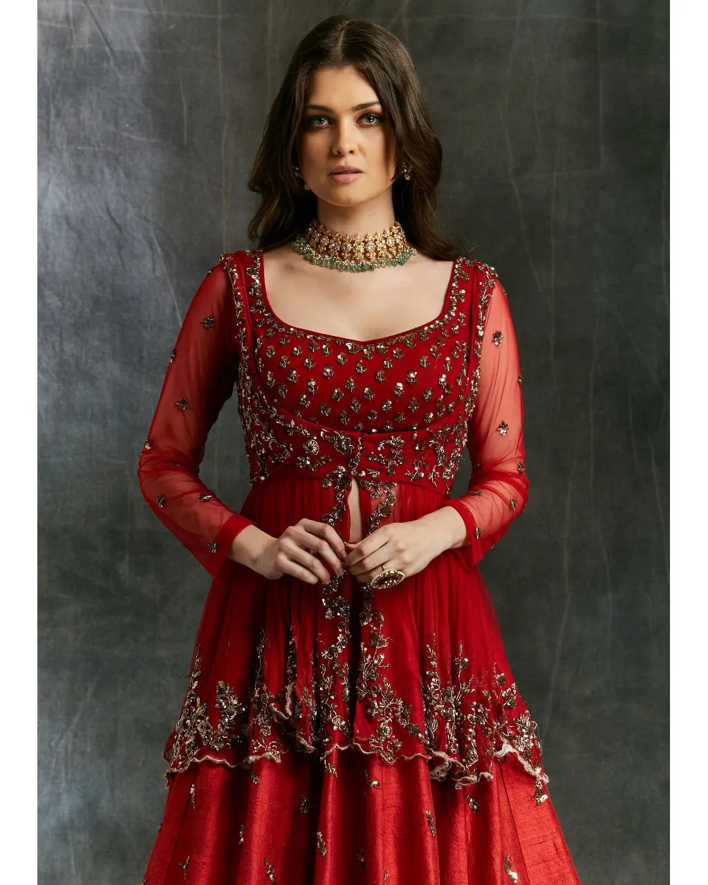 Antique Gold Sequins Raw Silk Lehenga With Peplum Work Blouse