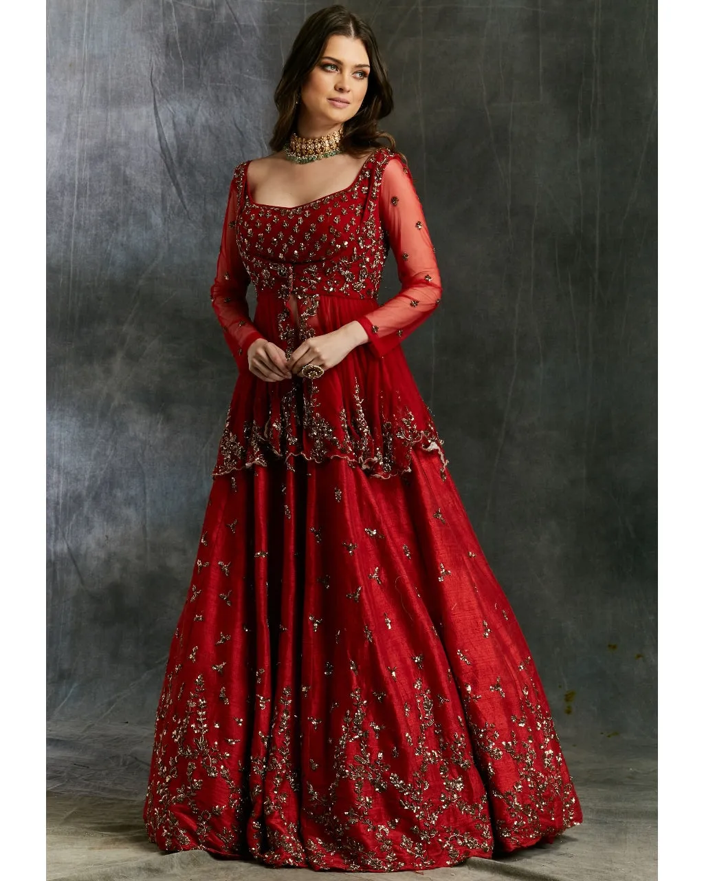 Antique Gold Sequins Raw Silk Lehenga With Peplum Work Blouse
