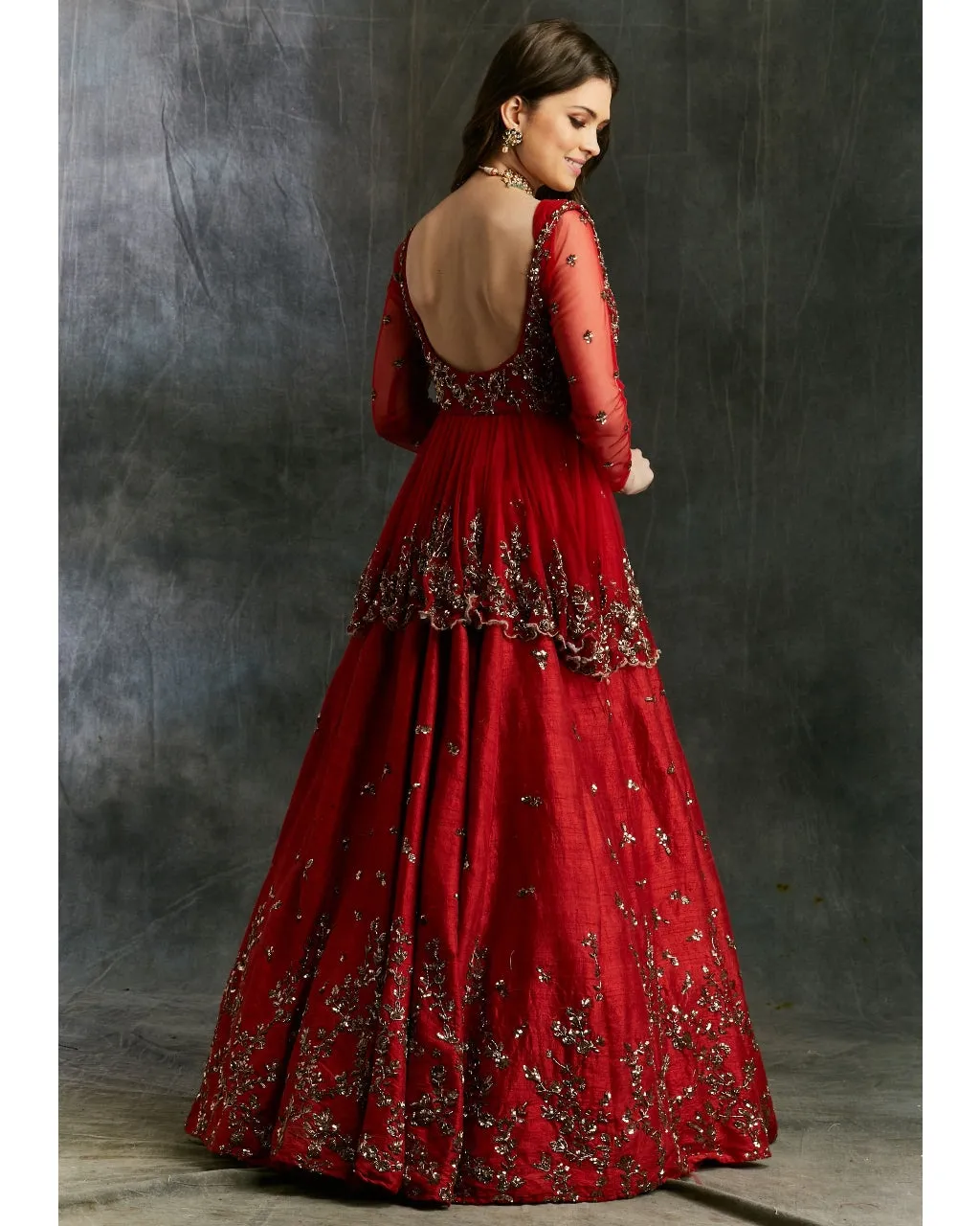 Antique Gold Sequins Raw Silk Lehenga With Peplum Work Blouse