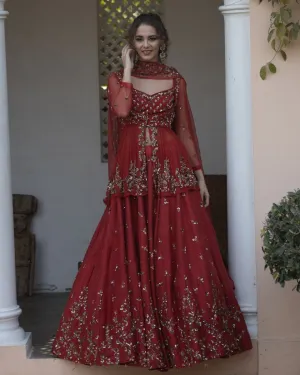 Antique Gold Sequins Raw Silk Lehenga With Peplum Work Blouse