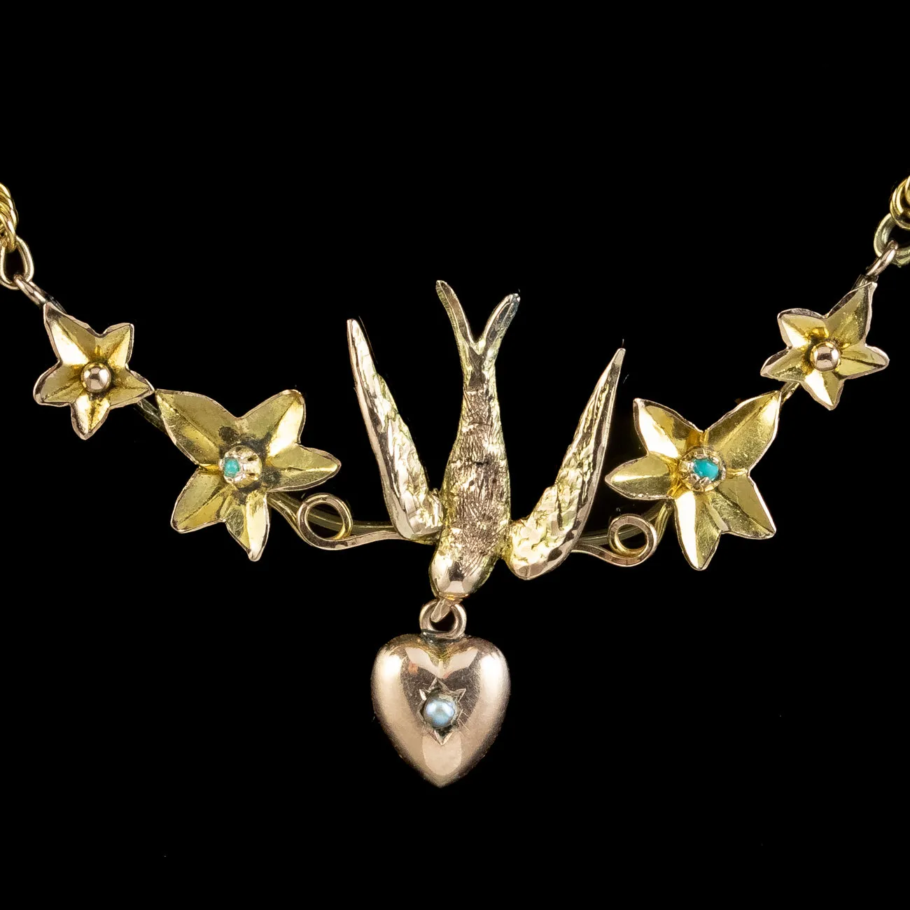 Antique Victorian Swallow Heart Ivy Necklace 9ct Gold