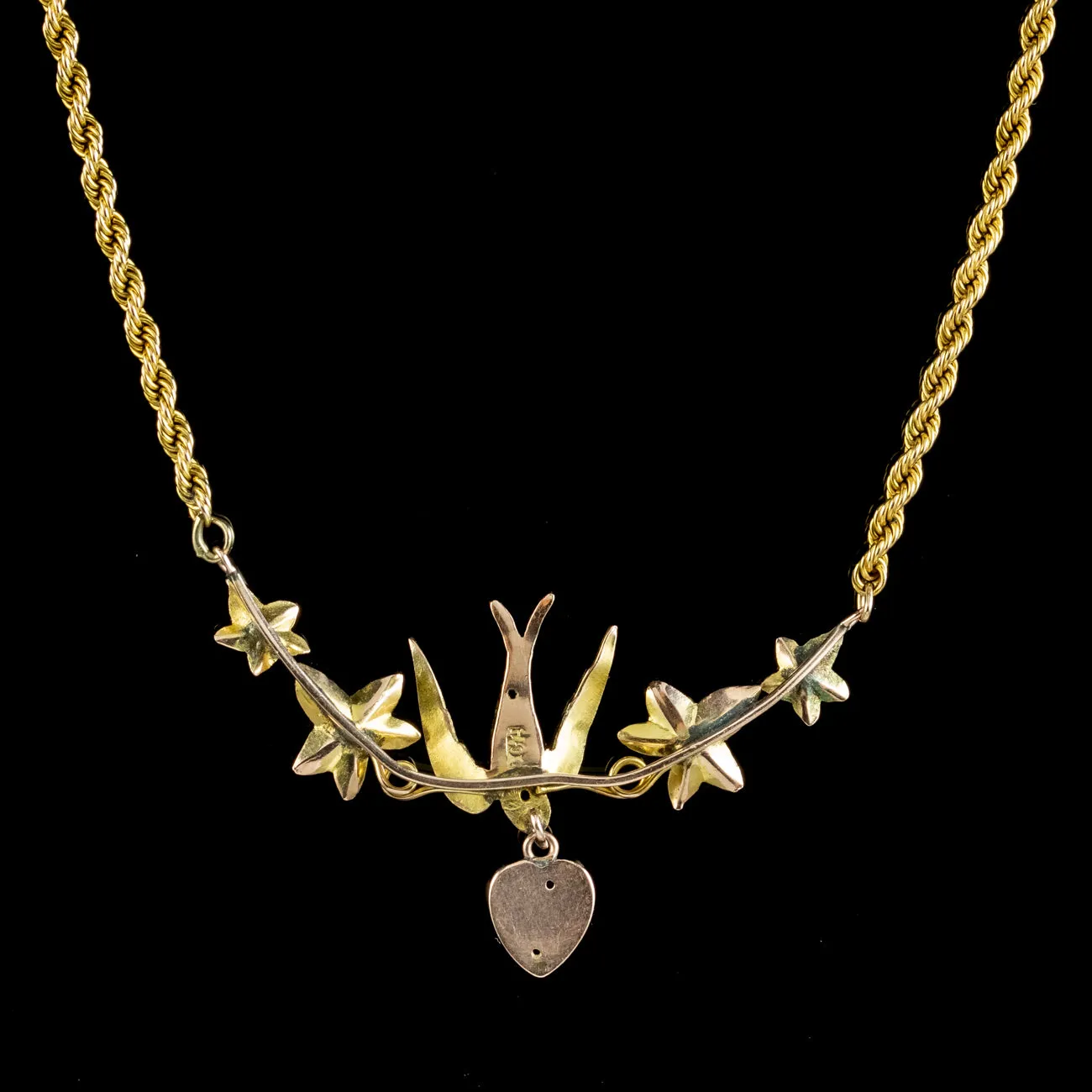 Antique Victorian Swallow Heart Ivy Necklace 9ct Gold