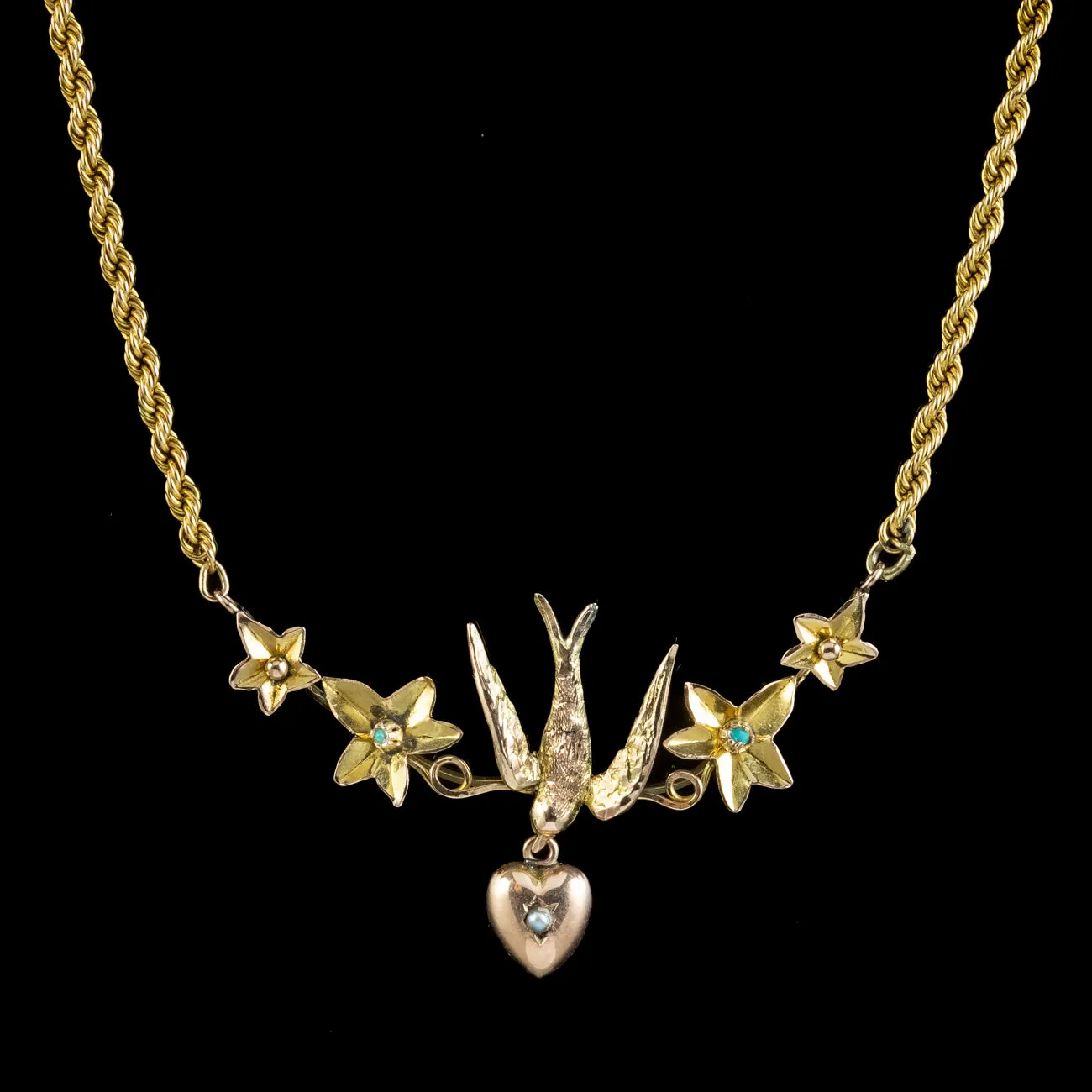Antique Victorian Swallow Heart Ivy Necklace 9ct Gold