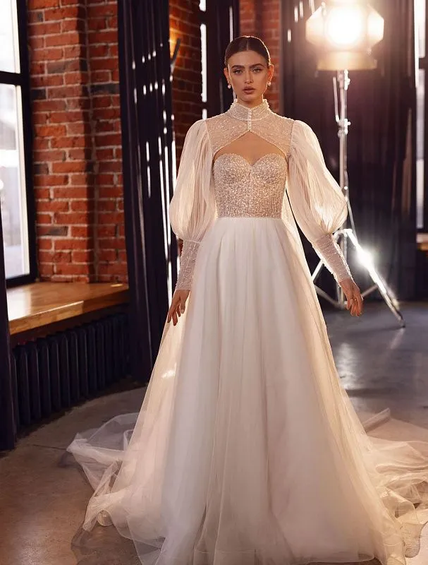 Itzel Elegant High Neck Long Puff Sleeves White Wedding Dress