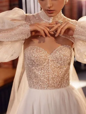 Itzel Elegant High Neck Long Puff Sleeves White Wedding Dress