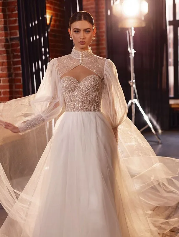 Itzel Elegant High Neck Long Puff Sleeves White Wedding Dress