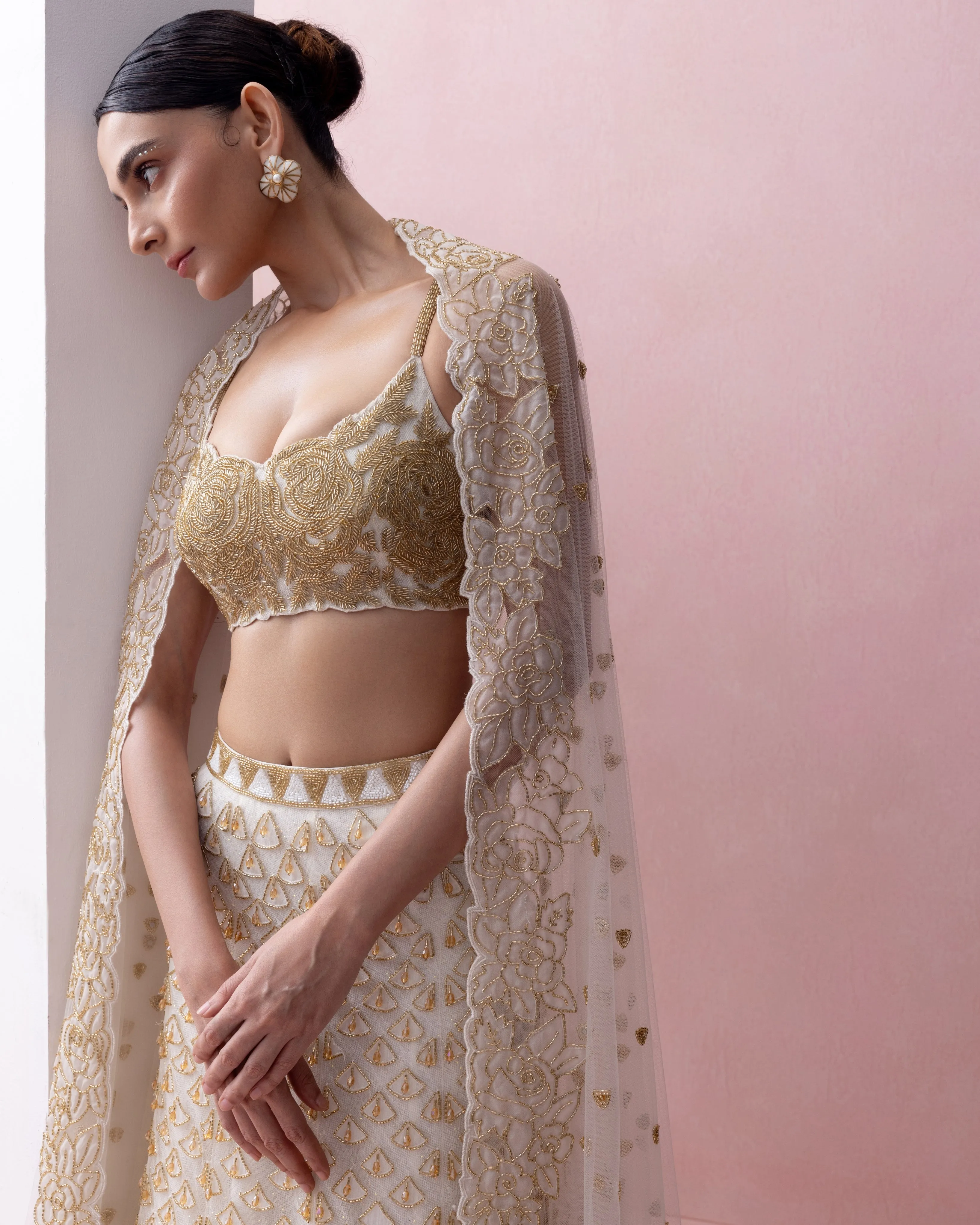 Ivory and Gold Fishtail Organza Applique, Crystals Lehenga Set