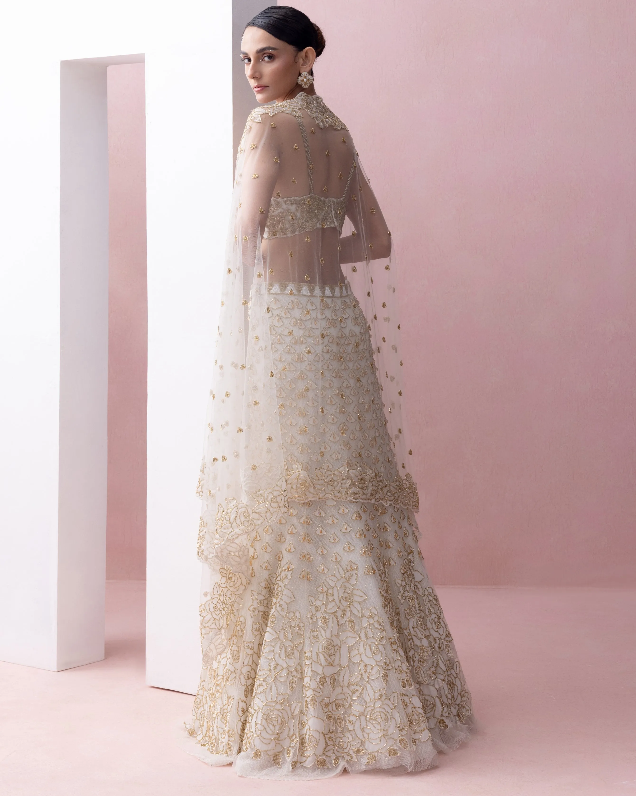 Ivory and Gold Fishtail Organza Applique, Crystals Lehenga Set