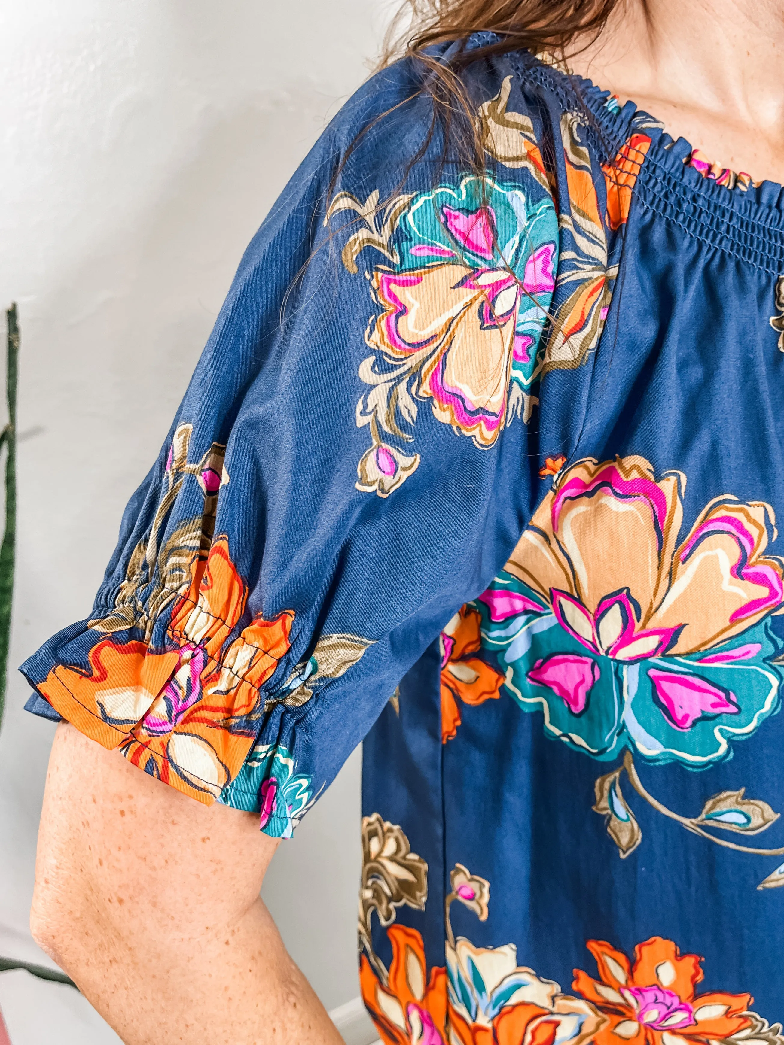 Navy Floral Smocked Blouse