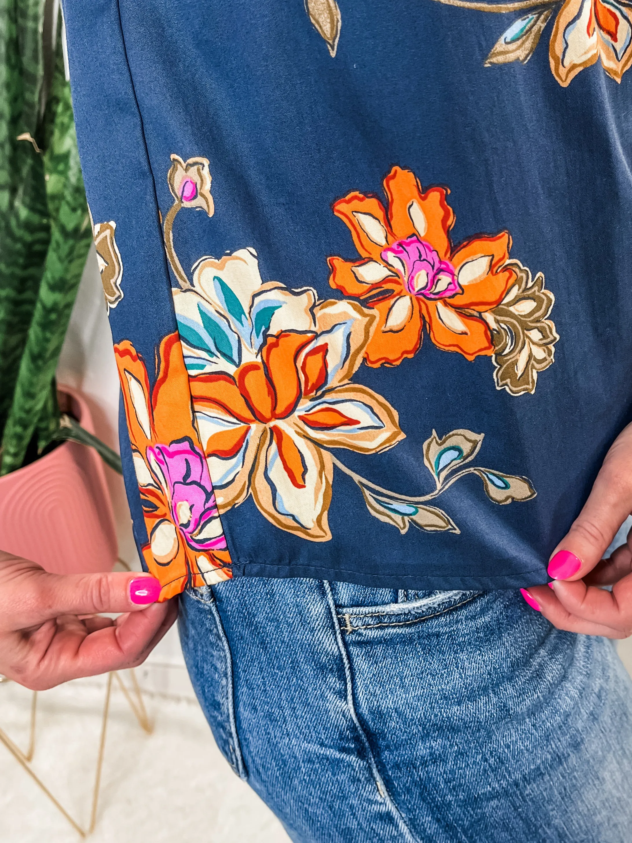 Navy Floral Smocked Blouse