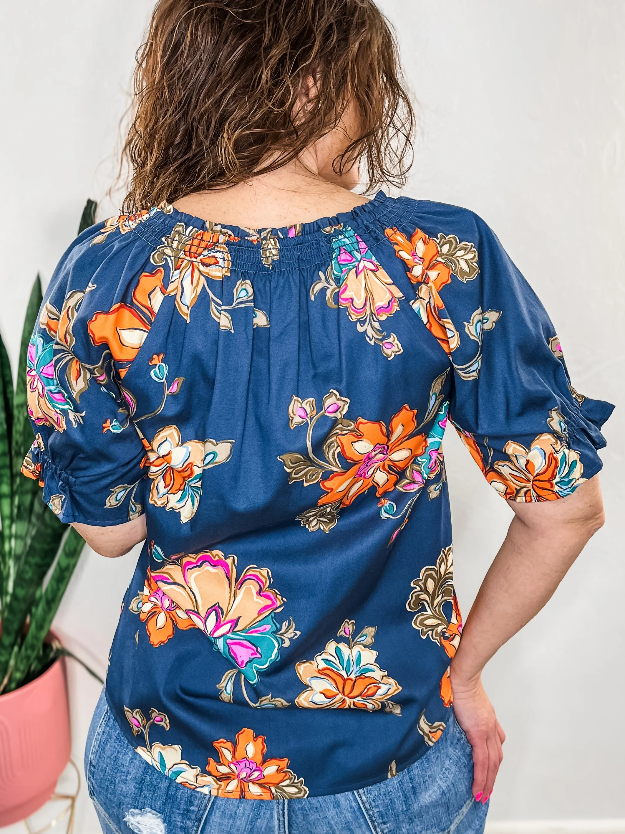 Navy Floral Smocked Blouse