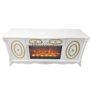 Premium FP005W Fireplace TV Stand with Double Round Outline and Drawers (White)