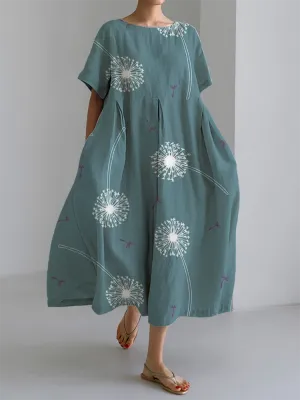 Women's Green Dandelion Print Large Hem Long Dress